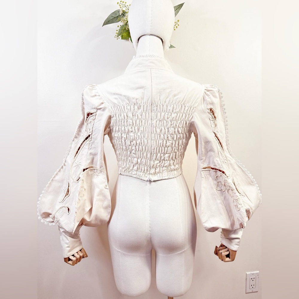 Embroidered Ivory Lace Tie-Neck Blouse - Picture 7 of 10